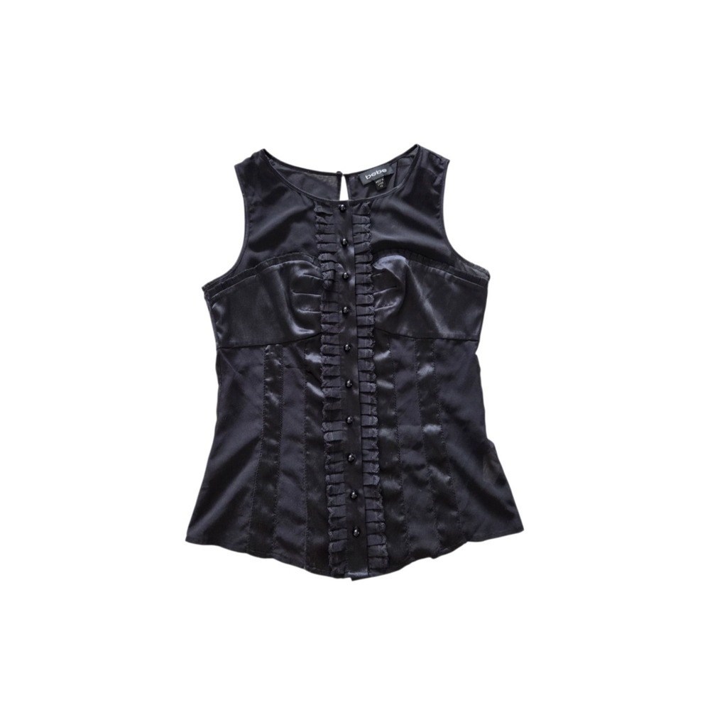 Bebe Black Silk Satin Corset Blouse Top XS Ruffle Button Y2K Coquette Whimsigoth